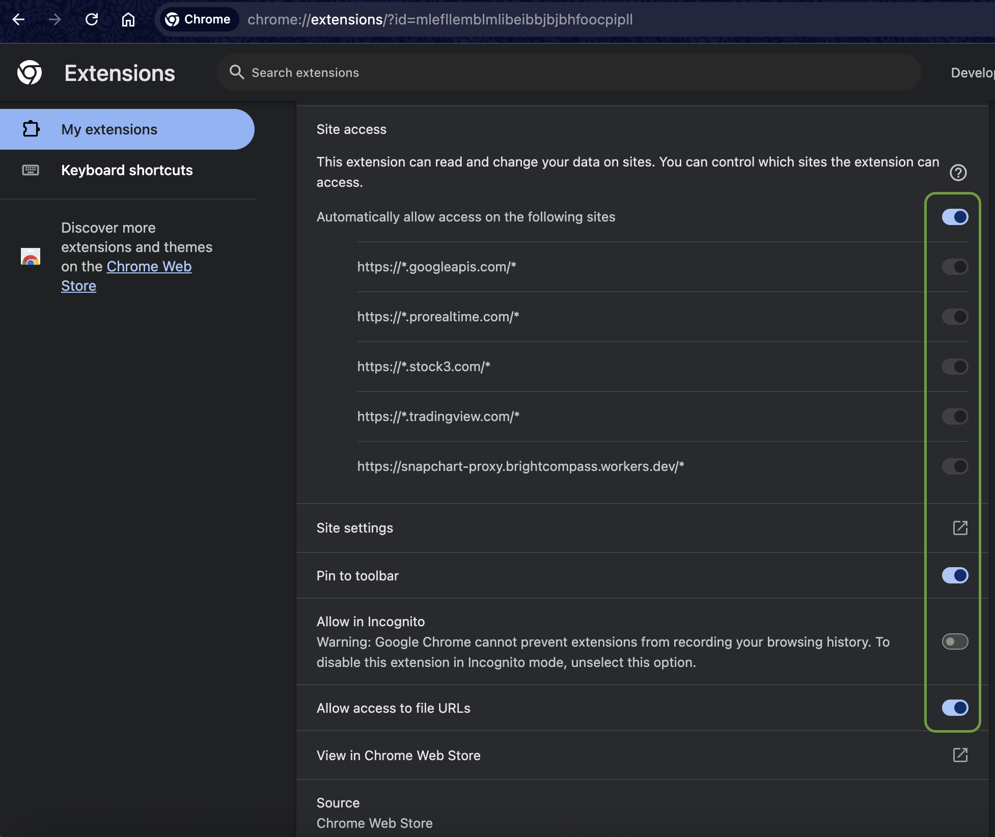 Browser Settings showing Allow access to file URLs enabled