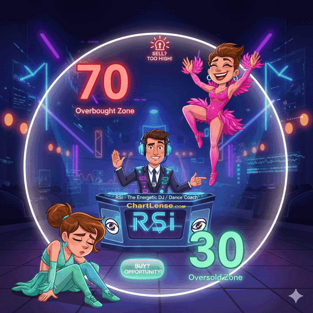 Stock chart demonstrating RSI indicator in overbought zone above 70 - Relative Strength Index showing momentum exhaustion warning before trend reversal and price correction