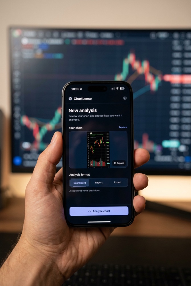ChartLense on iPhone showing an AI trading chart analysis in front of a trading monitor